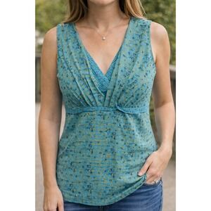Axcess Liz Claiborne Company Sleeveless V Neck Pleated Teal Floral Top Women's L
